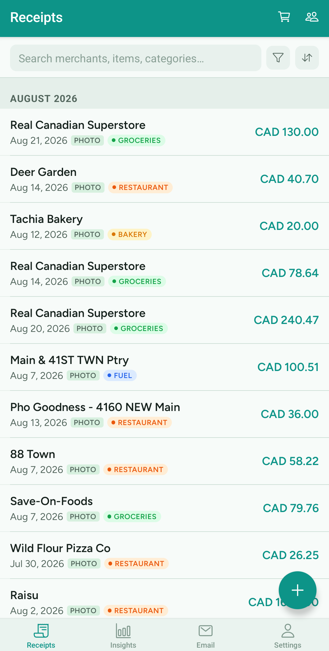 FastReceipt app: receipt list with merchants, categories, and totals