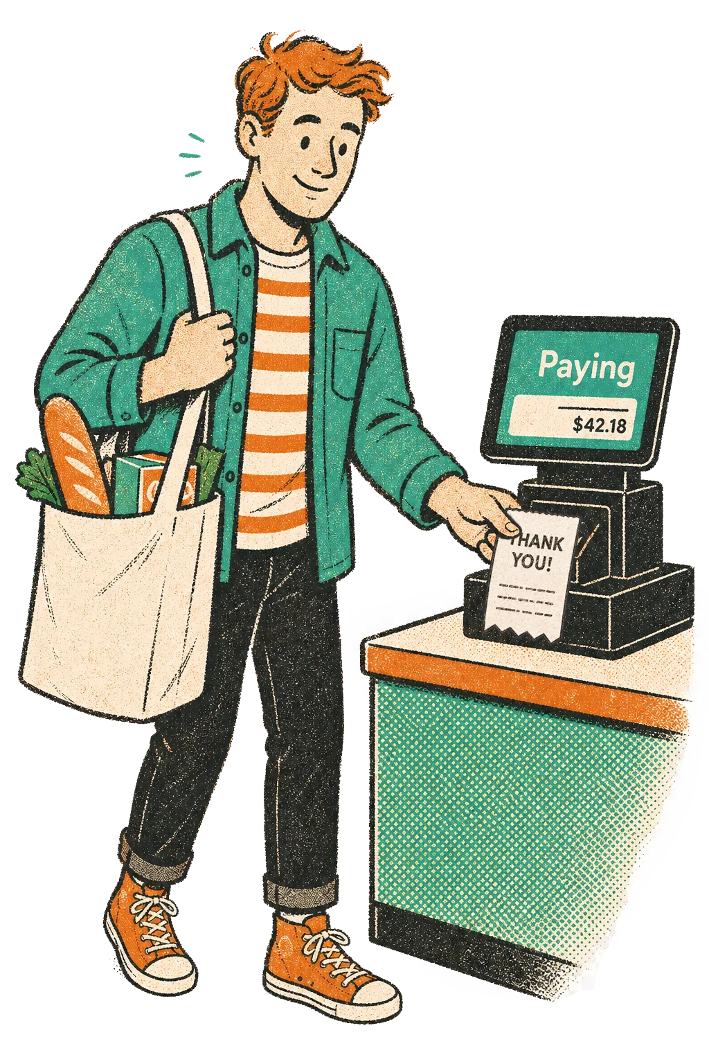 Illustration: a shopper at a checkout as the register prints a receipt